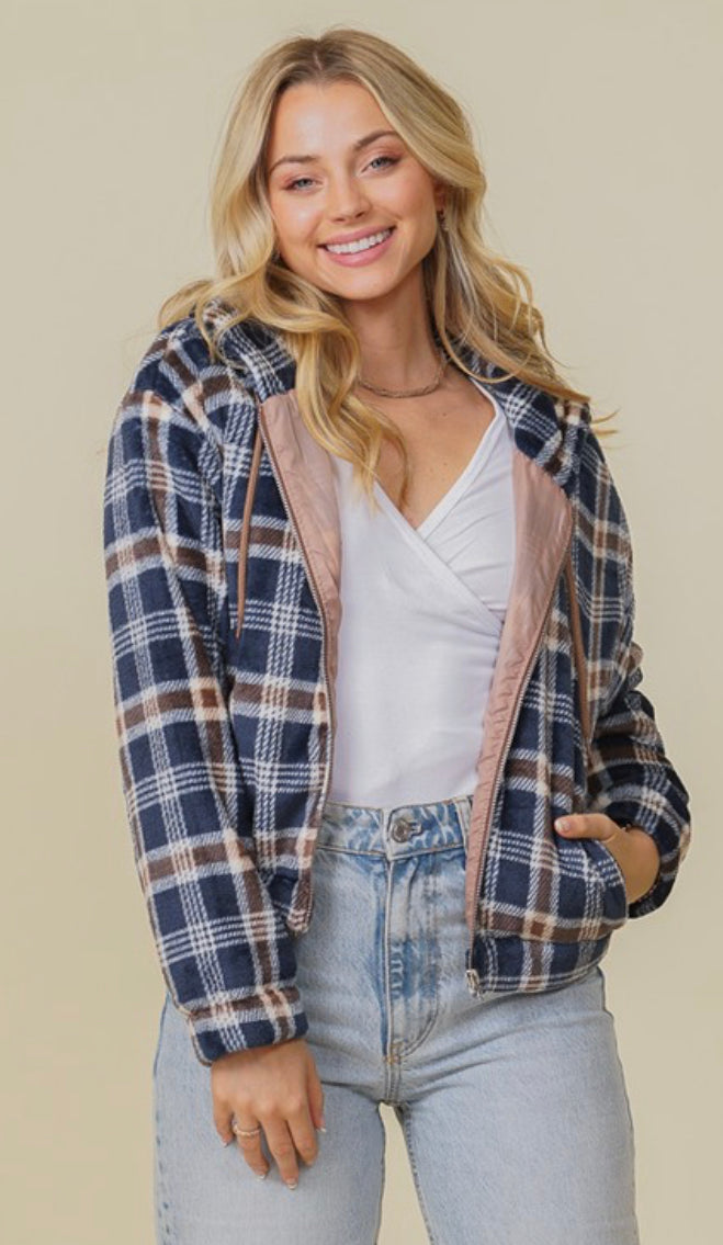 Plush plaid zip up jacket