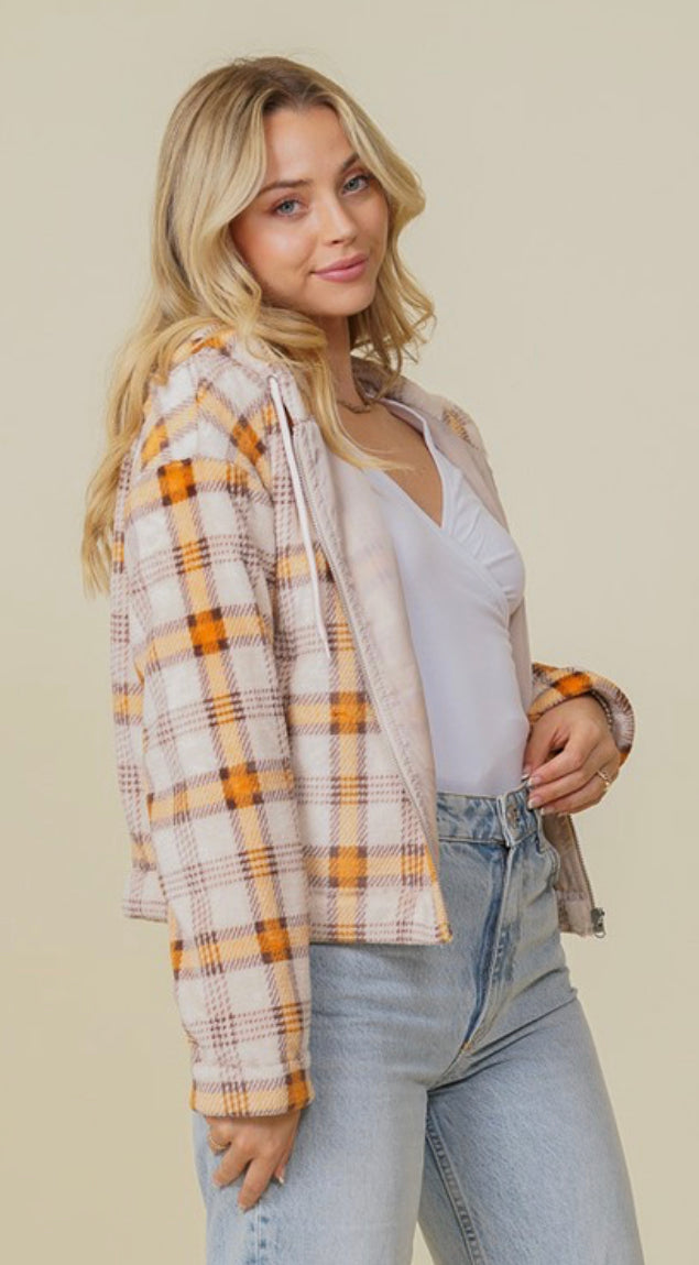 Plush plaid zip up jacket